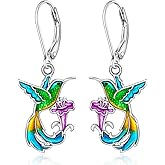 Hummingbird Earrings for Women Sterling Silver Purple Hummingbird Bird Earrings Dangle Green Blue Jewelry Flower Memorial Hummingbirds Gifts
