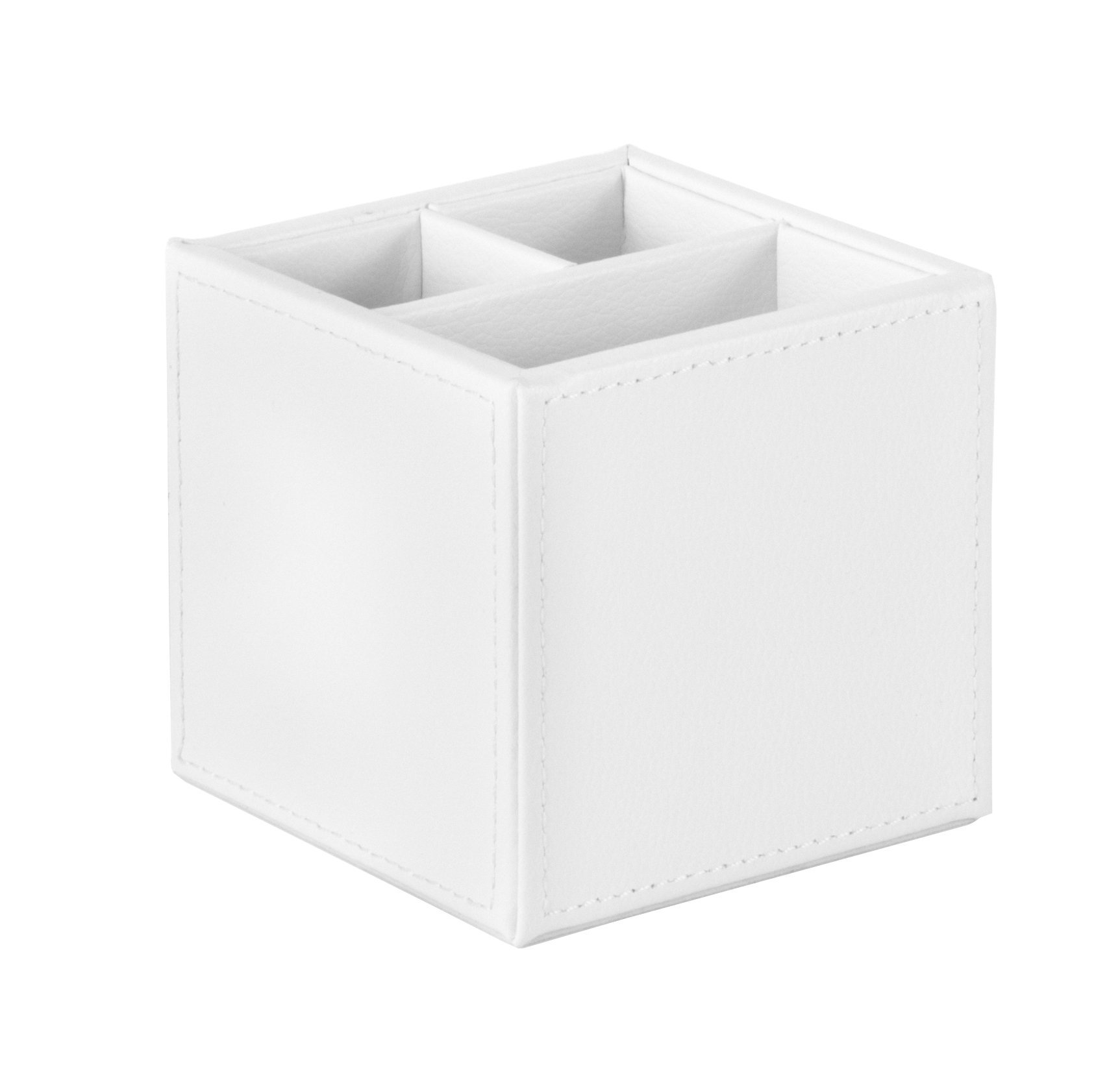 Osco Faux Leather Pen Pot, 3-Section Square Desk Tidy & Pencil Holder, Office Organiser & Makeup Brush Storage, Wipe-Clean Leather Finish, 10×10×10 cm, White