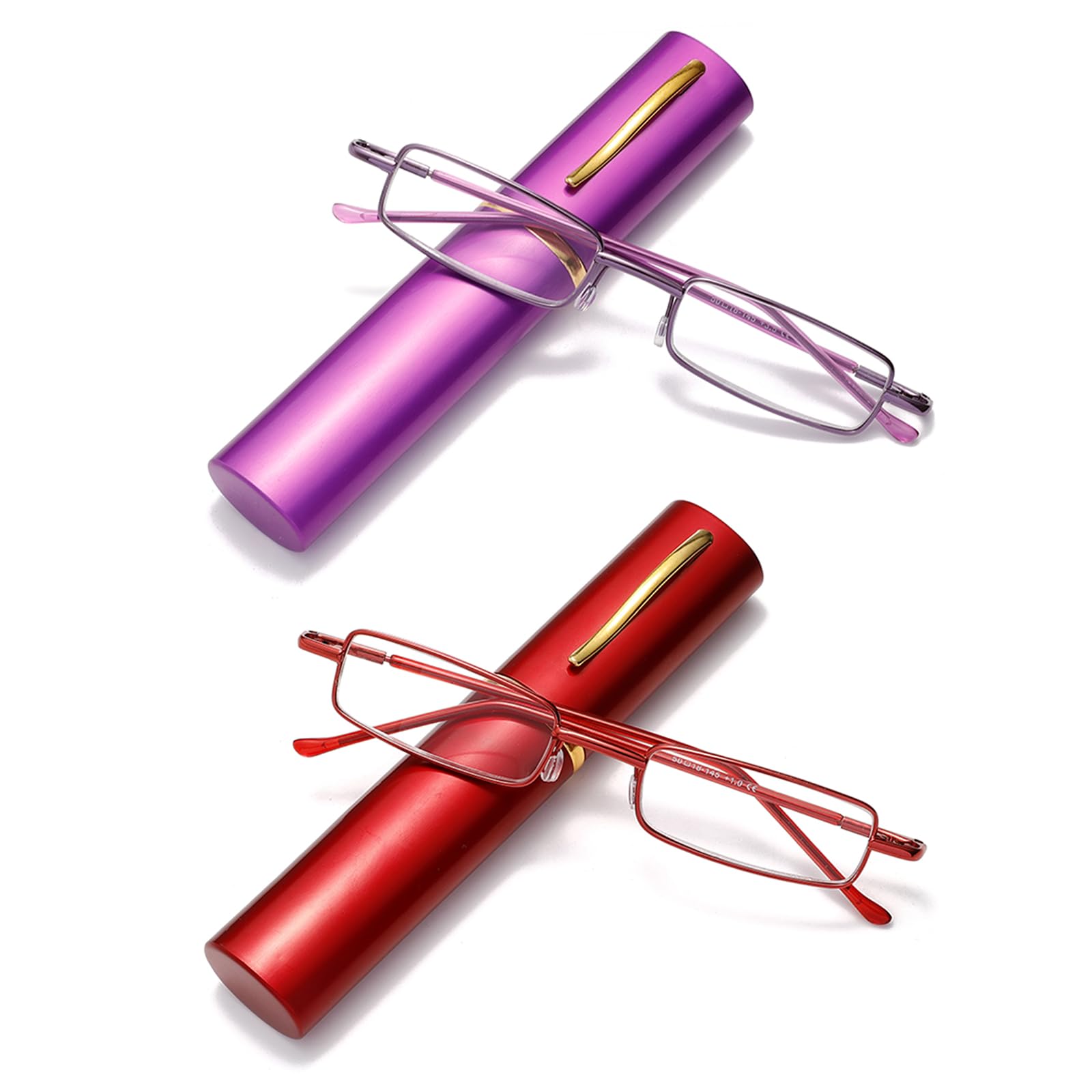Hubeye 2 Pairs Slim Portable Reading Glasses for Men Women Metal Pocket Readers Glasses Lightweight Compact Blue Light Blocking Glasses in Tube Case 2.50