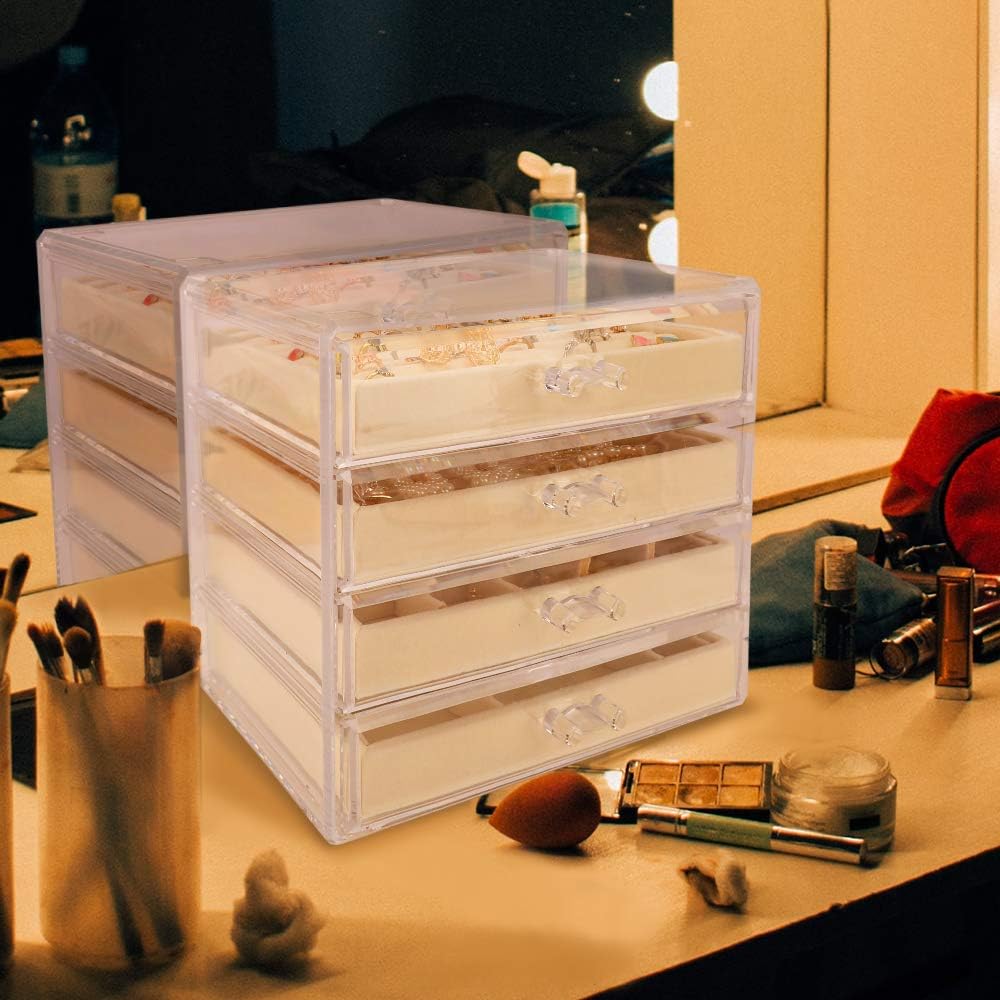 Mebbay Acrylic Jewelry Box with 4 Drawers, Velvet Jewelry Organizer for Earring Necklace Ring & Bracelet, Clear Jewelry Display Storage Case for Woman, Beige: Home Improvement