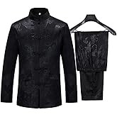 wecotton Tang Suit Men Hanfu Chinese Traditional Clothes Kung Fu Shirt Uniform Long Sleeved Coat Tops and Pants