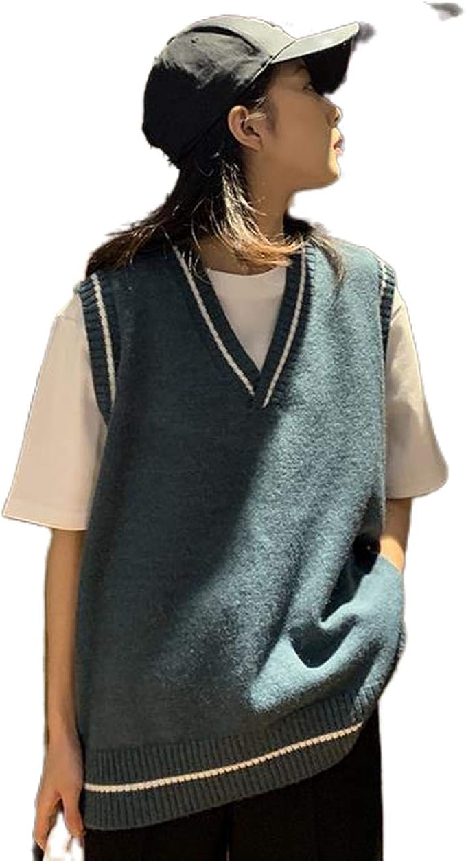 Amazon Sexy Kawayi トップシンプルvネックストライプ韓国 スタイルオルチャンデイリーbfレディース服オールマッチルーズ2xlを編むセーターベスト女子学生 Blue L セーター 通販