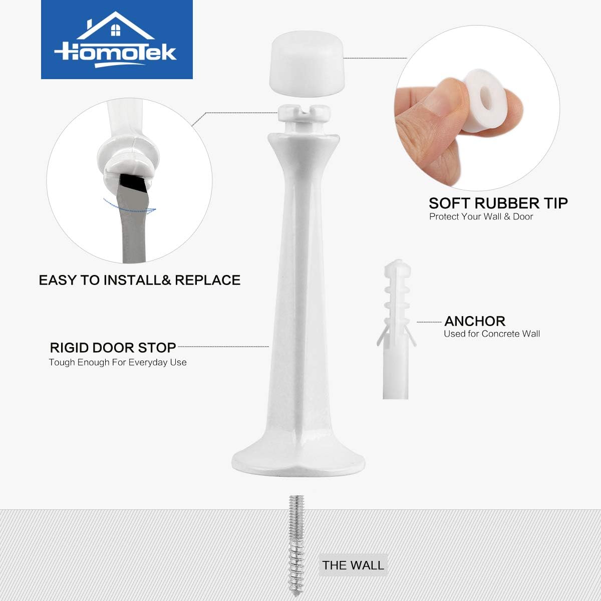 HOMOTEK 8 Pack Heavy Duty Solid Rigid Door Stop with Soft Rubber Tip, Zinc Die Cast Door Stopper Protect Wall & Door , White: Home Improvement