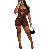 acelyn Sexy Club Outfits for Women 3 Piece Halter V Neck Bandeau Bra Top Bodycon Shorts Set Summer Y2K Going Out Sets Rompers