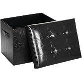 FaiPue Storage Ottoman Footrest Stool. Foldable Oil Waxed Leather Footstool with Thicker Foam Padded Seat. Small Ottoman with Storage Bench for Living Room Bedroom 350 lbs, 17x13x13in, Black.