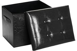 FaiPue Storage Ottoman Footrest Stool. Foldable Oil Waxed Leather Footstool with Thicker Foam Padded Seat. Small Ottoman with Storage Bench for Living Room Bedroom 350 lbs, 17x13x13in, Black.