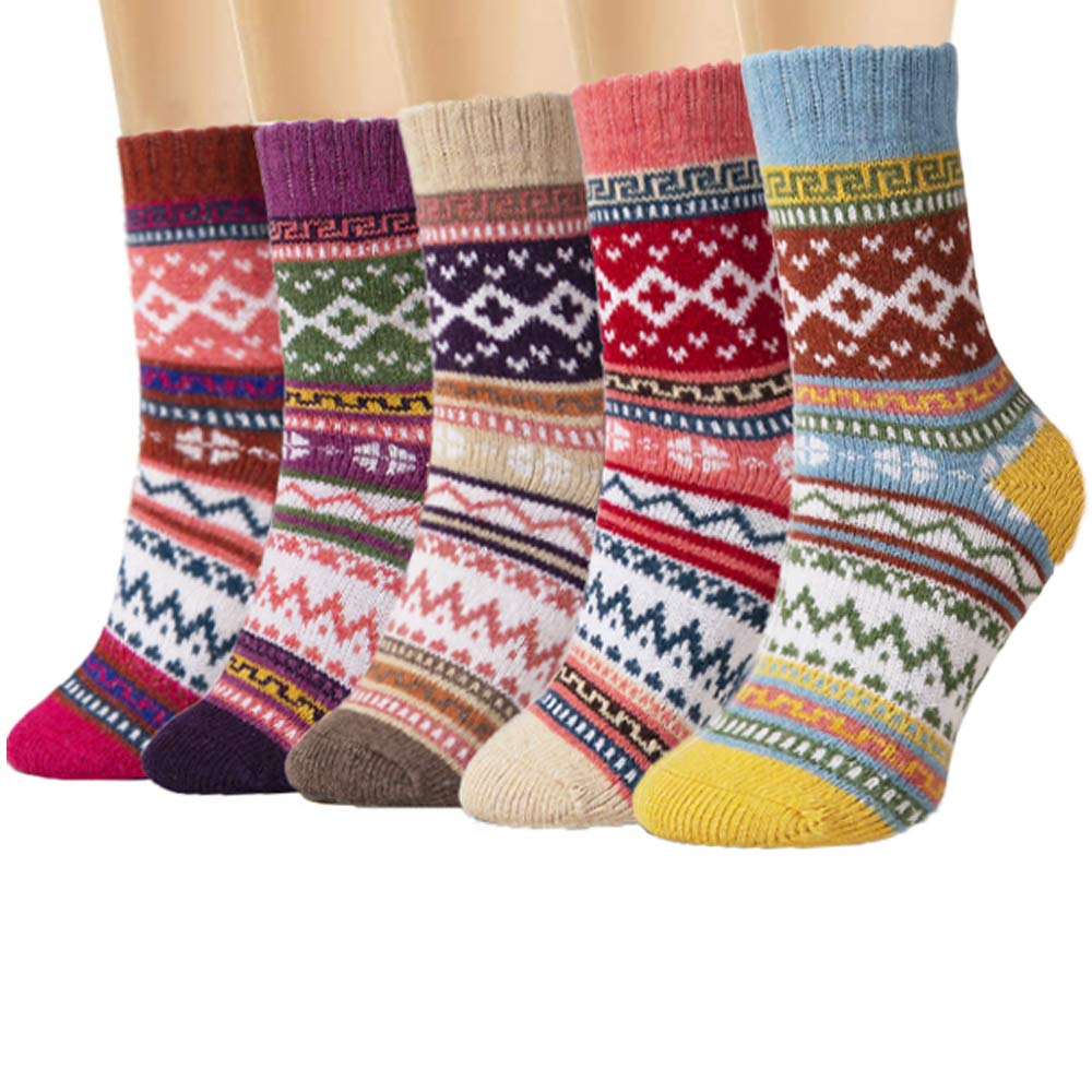 Womens Winter Socks 5 Pairs with Gift Box Vintage Warm Soft Thick Knit Wool Multicolor Socks
