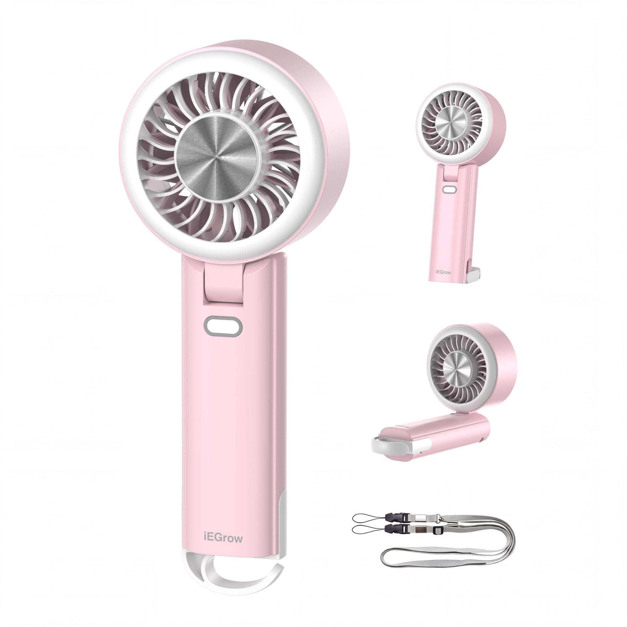 iEGrow Handheld Fan, Portable USB Mini Travel Fan with 2000mAh Rechargeable Battery, 3 Speeds Desk Fan for Home, Office and Travel-Pink