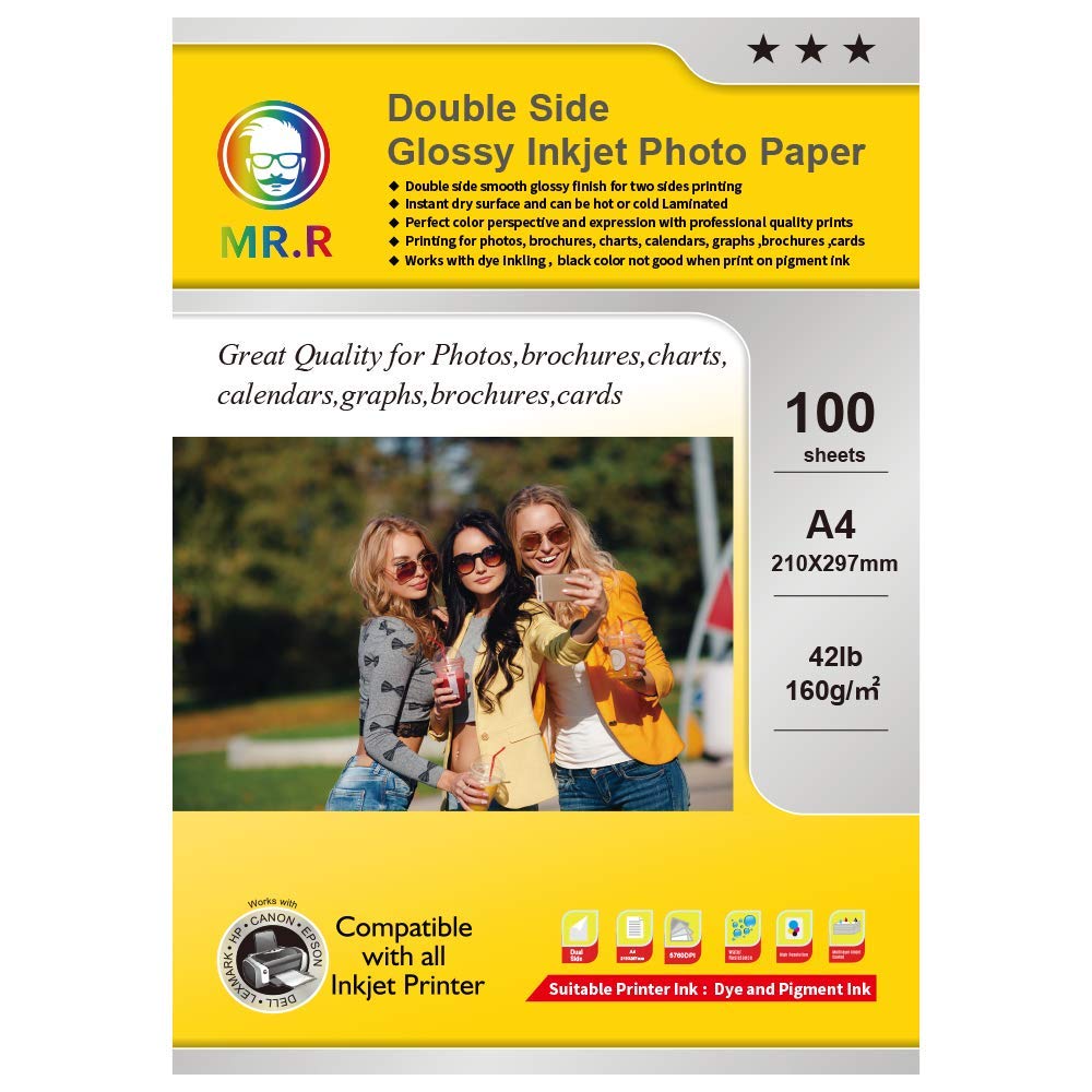 MR.R Double Side Glossy Inkjet Photo Paper 160gsm,A4 210 x 297mm100 Sheets per Pack for All Inkjet Printers