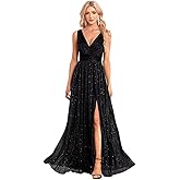 Lilannu V Neck Italian Dresses Sparkly A-Line Sleeveless Long Pleated Prom Dress Side Slit Tulle Formal Dress for Women 2025 Black