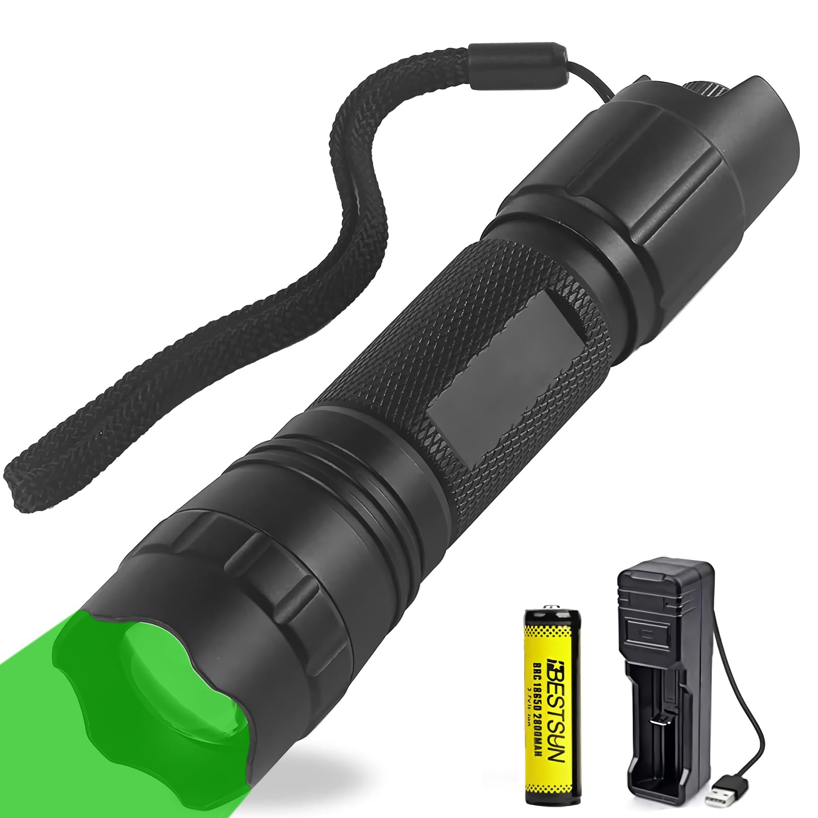 XLENTGEN Green Light Hunting Torch 200 Meters Throw 5oo Lumens Stepless Dimming Green Beam Tactical Flashlight Zoomable for Hog Coyote Varmint Night Hunting