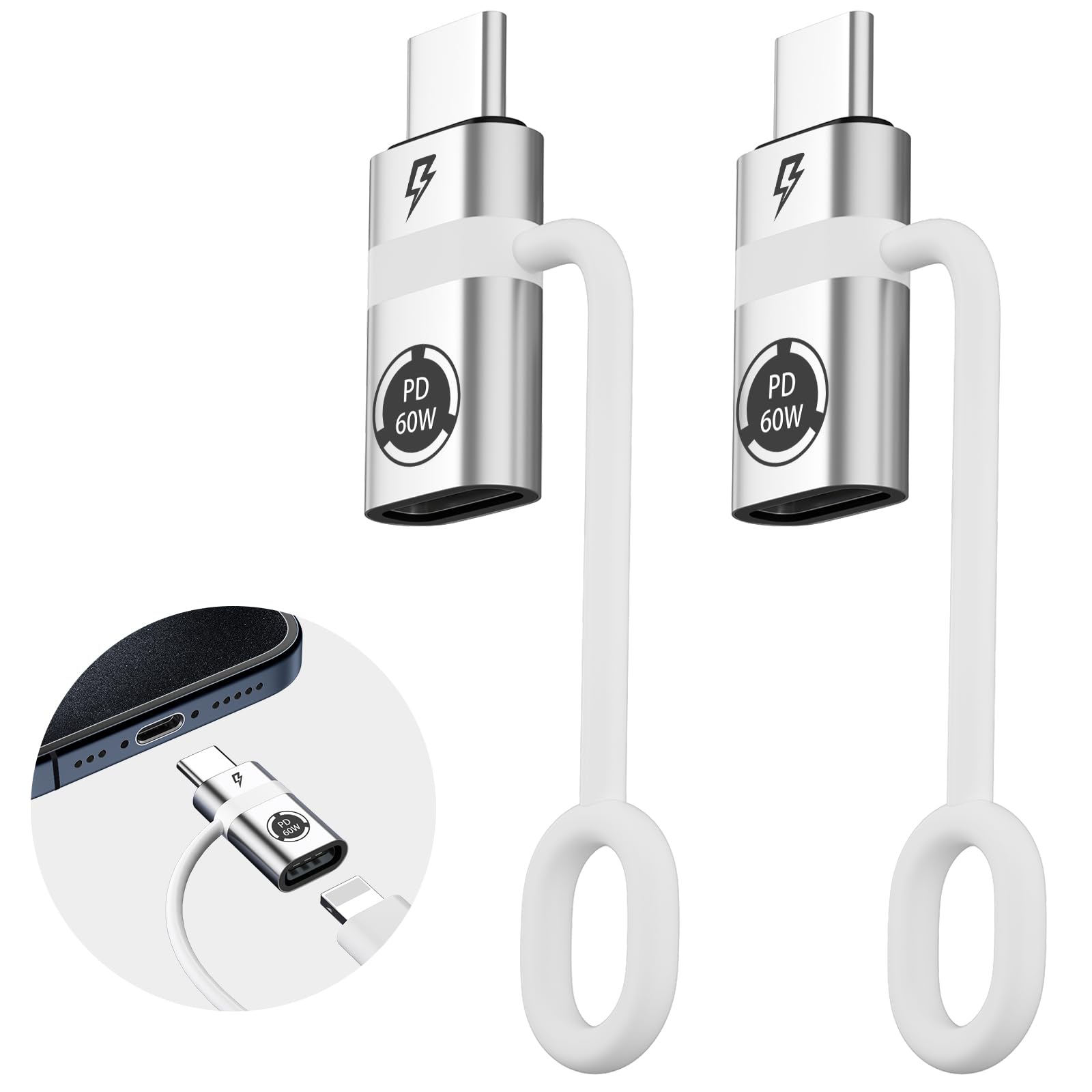 USB C to Lig-ht-ing Adapter, PD60W Quick Charge and Data USB C Male to i-O-S Female Adapter, Compatible with Phone 15/15 Plus/15 Pro, Does Not Support Headphones and OTG Functions, Silver Colour