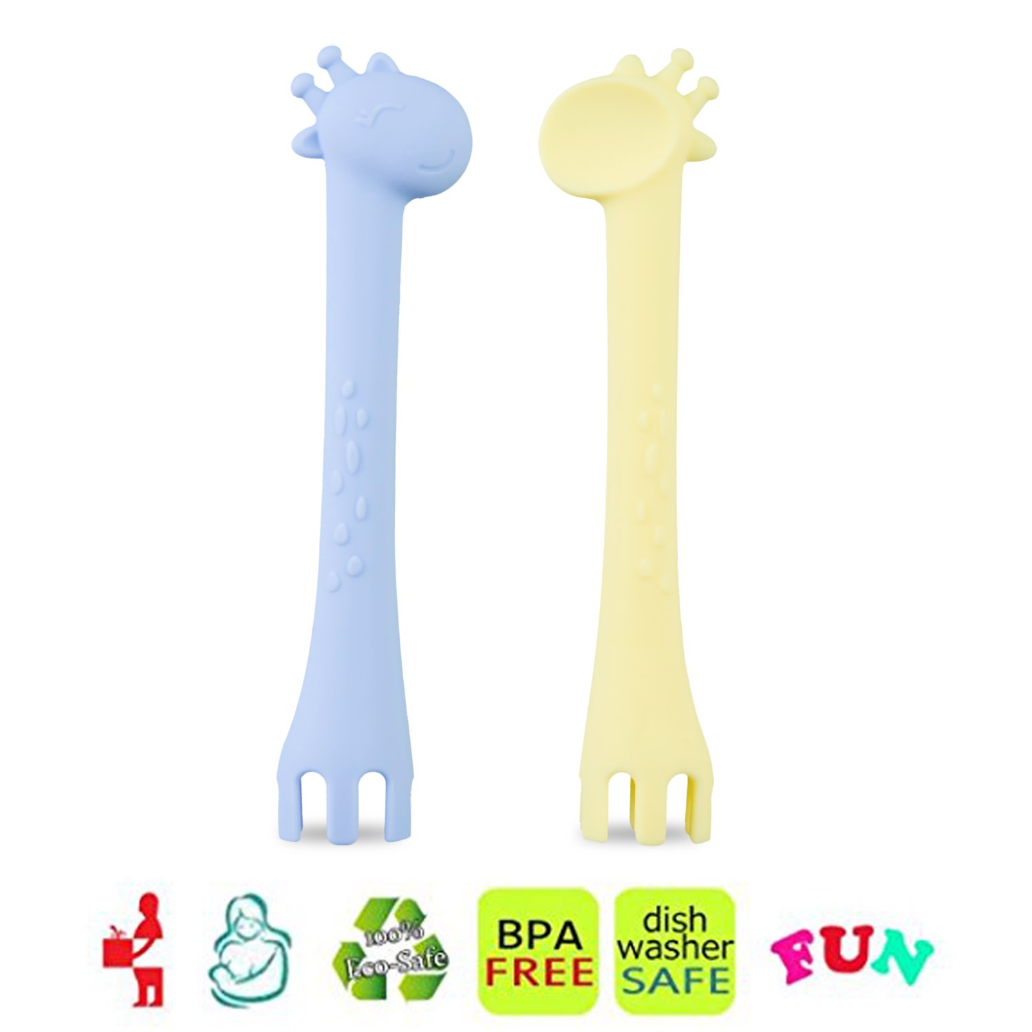 Kitdine Baby Spoons Silicone Giraffe Spoon BPA Free for Baby Feeding and Infant Weaning Teething Toys Training Forks Spoons Set of Two (Blue&Yellow)