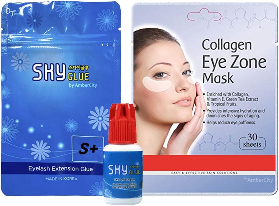 Eyelash Extension Glue SKY S+ Extra Powerful Strong Black Adhesive by AmberCity & Collagen Eye Mask Collagen Pads 30 Sheets