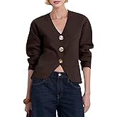 Daacee Cropped Cardigan Sweaters for Women V Neck Long Sleeve Gold Button Down Knit Cardigans Tops Outwear