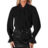 LYANER Women's Bow Tie Front Smocked Long Sleeve Blouse Elegant Office Shirt Top