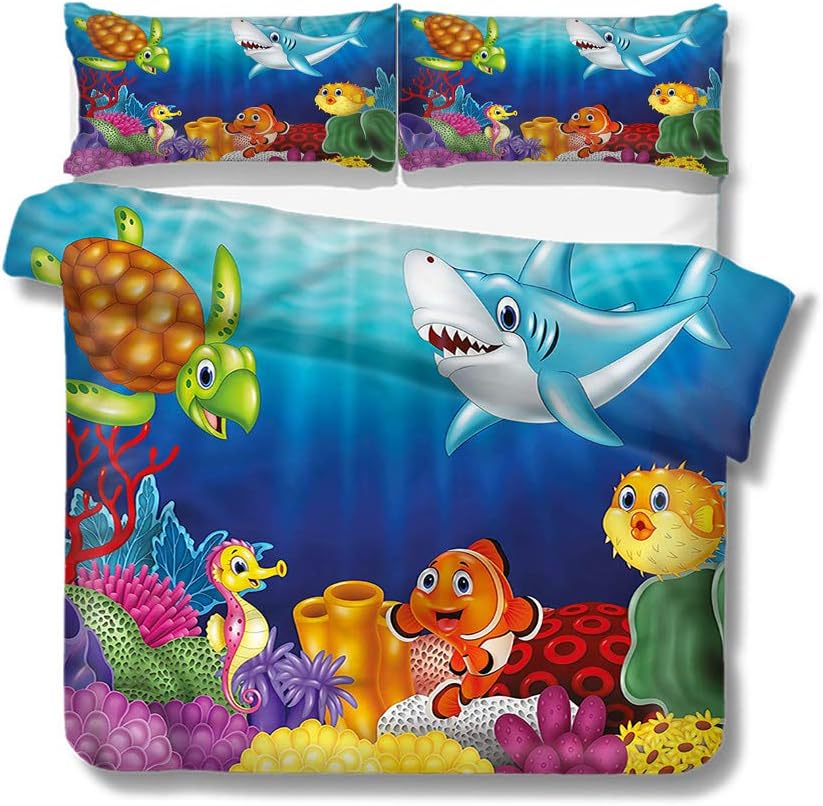 Mademai King Size Duvet Cover Set Aquarium,Exotic Happy Ocean World for Kids/Teens/Adults Hidden Zipper Quilt Cover Printed