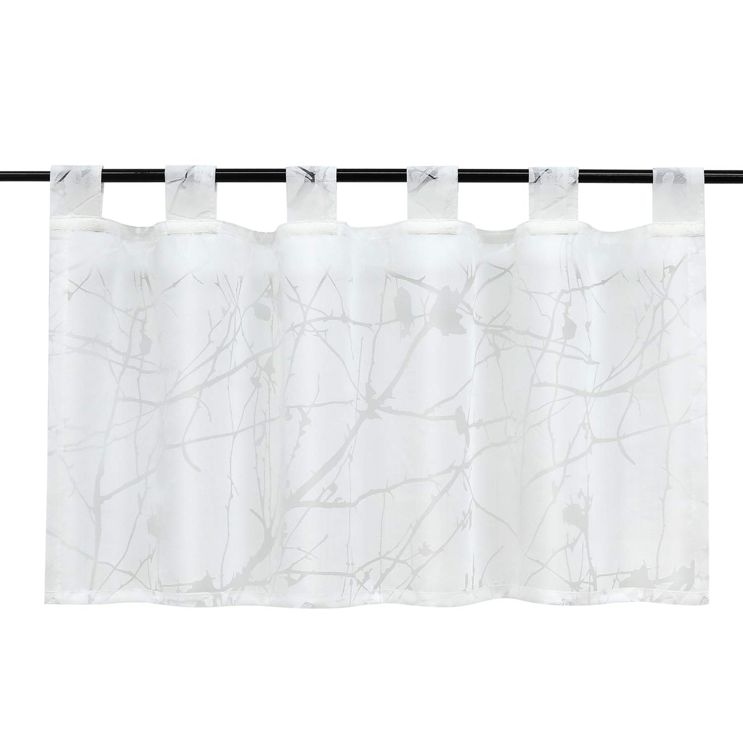 Heichkell Burnout Window Curtain, Transparent Short Kitchen Curtain with Loops, Branch Pattern, White, 60 x 145 cm