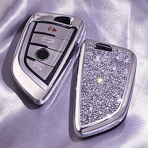 Luxury 3 4 Buttons 3D Bling Smart keyless Entry Remote Blade Key Fob case Cover for 1 2 3 5 7 M Series X1 X3 X4 X5 X6 (Silver)