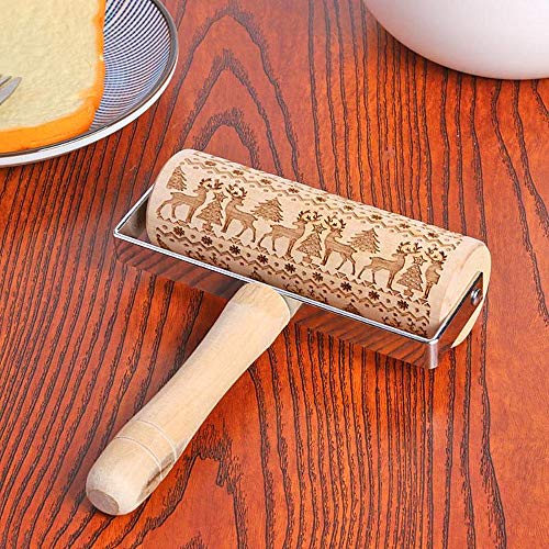Christmas Wooden Rolling Pins Deeply Engraved Embossing Rolling Pin with Christmas Elk Pattern for Baking Christmas Themed Pastries & Cookies,Rolling Pin Kitchen Tool
