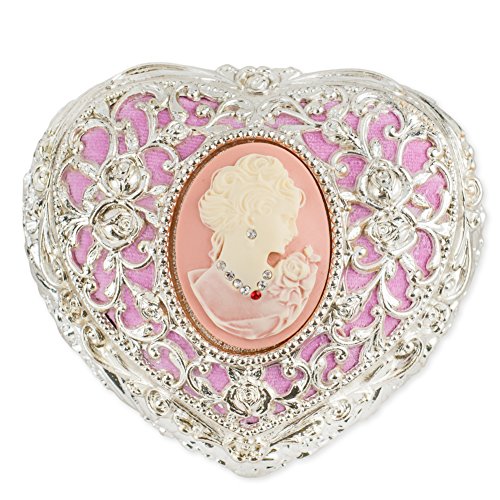 Pink and Silver Tone with Swarovski Crystals Metal Heart Jewelry Music Box Plays Bolero