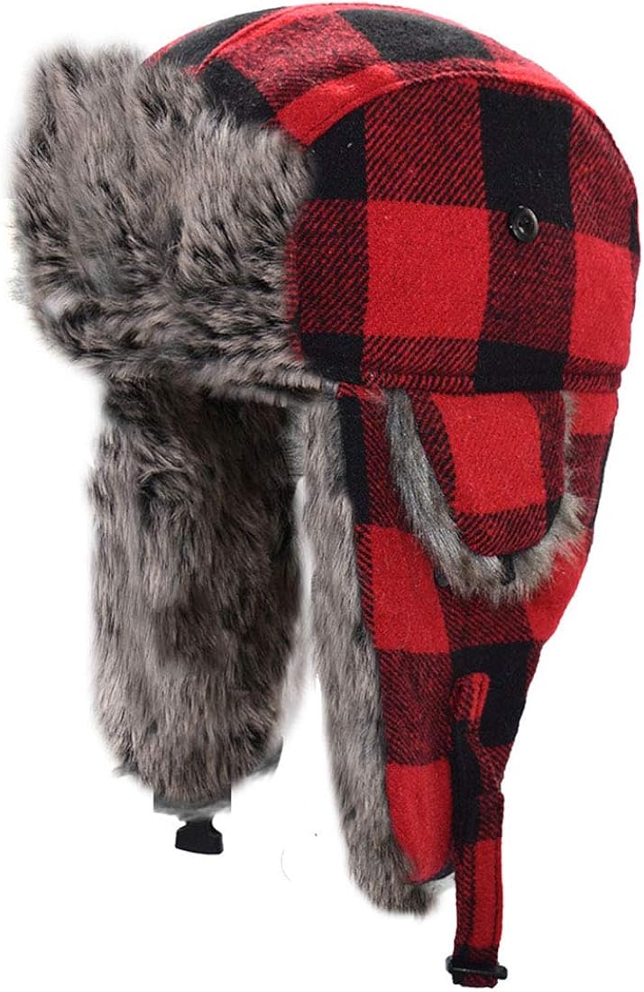 Plaid Trapper Hat Winter Trooper Windproof Fur Earflap Hunting Ski Cap