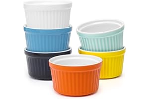 amHomel 8 OZ Ramekins Oven Safe - Porcelain Ramekins Set for Creme Brulee, Pudding and Sauce, Souffle Dishes Bakeware Set, Baking Cups for Souffle, Set of 6, Hot Assorted Color