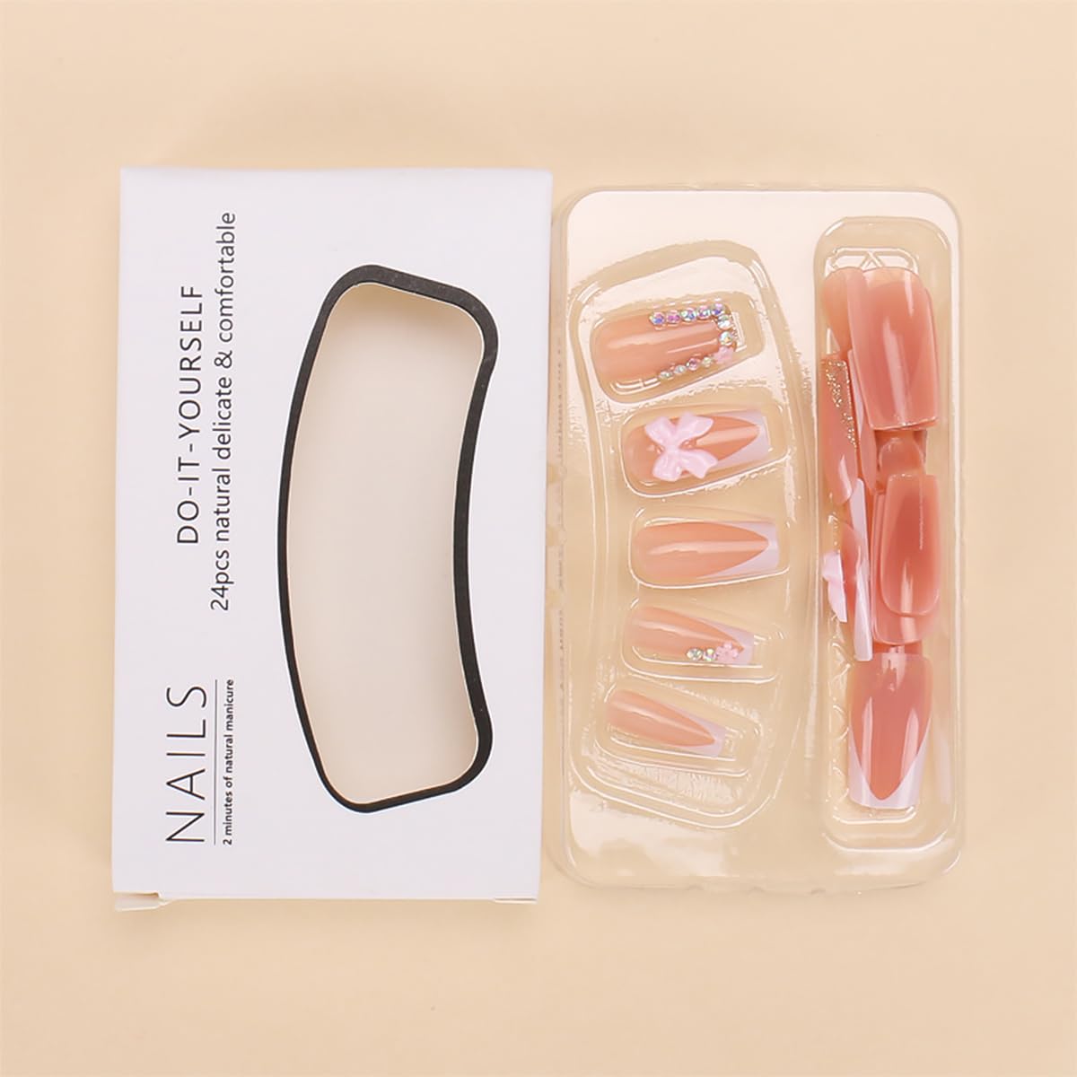 24pcs White French Tip Press on Nails Short Square Fake Nails Rhinestones Full Cover Tip Glitter Stick on Nails Pink Flower Designs Glue on Nails Bow False Nails for Women Girls Acrylic Nails - Image 2