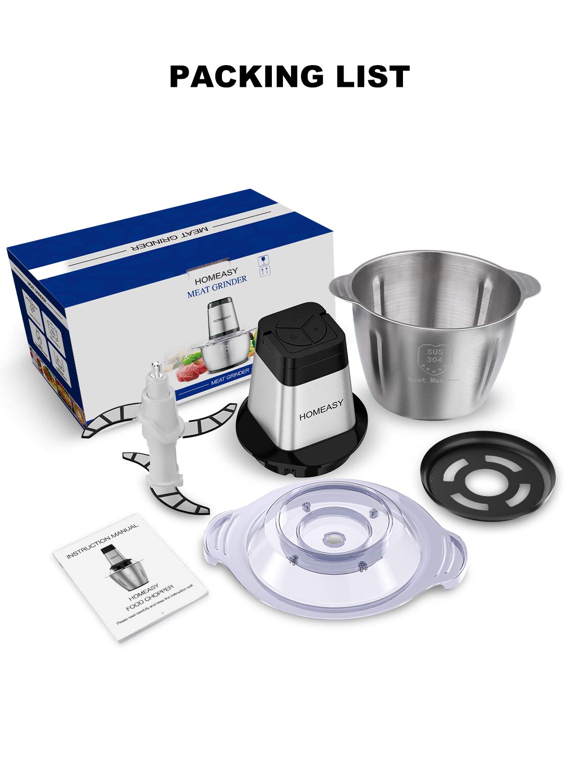 Meat Grinder Electric 2.5L, HOMEASY Food Processor Stainless Steel Meat Blender Food Chopper for Meat, Vegetables, Fruits and Nuts with 4 Large Sharp Blades, 500W