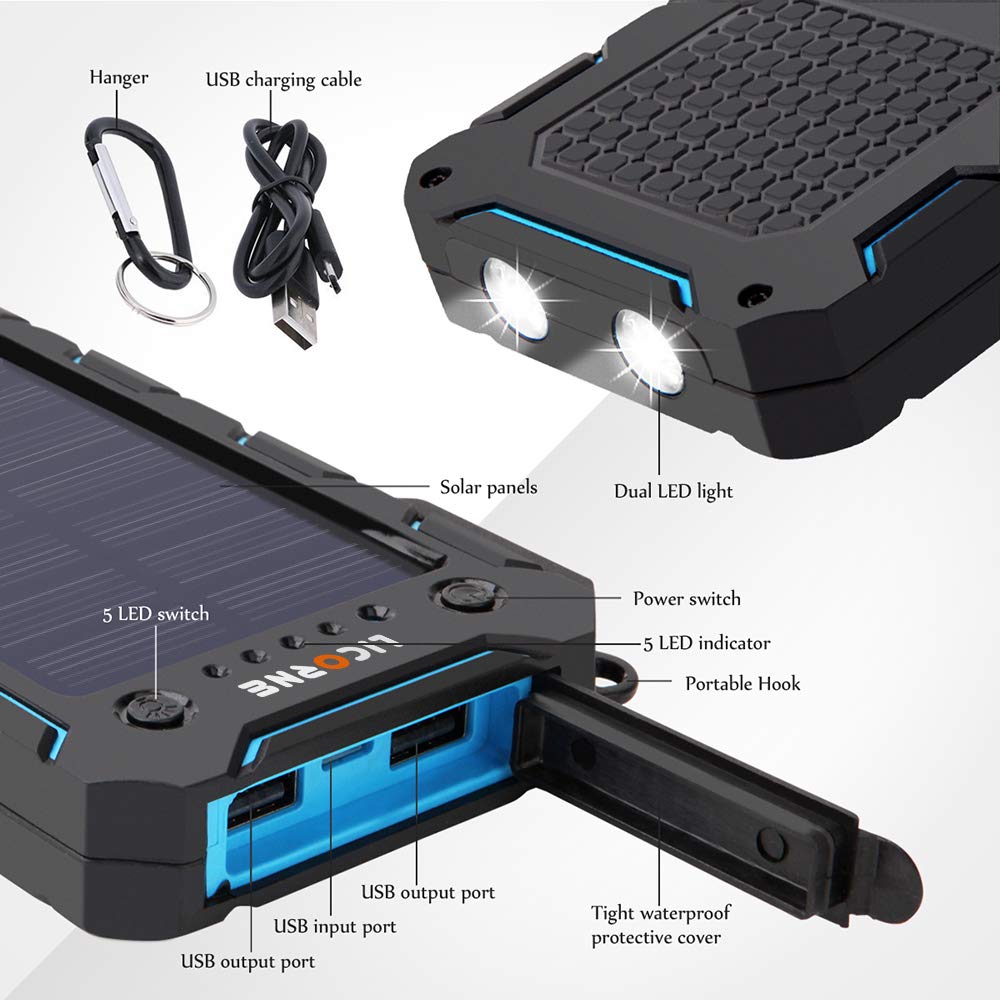 Solar Chargers,15000mAh Portable Solar Power Bank High Efficiency Sunpower Cellphone Chargers Rain-resistant Dirt/Shockproof Backup with Dual USB Port Solar Battery Charger for iPhone 7 / 6s / Plus, iPad Pro / Air 2 / mini, Galaxy S7 / S6 /