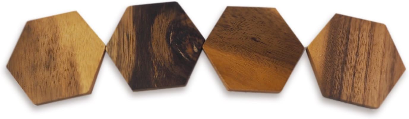roro Wood Acacia Beverage Coaster Set, Hexagonal 4 piece set x 4 Inch