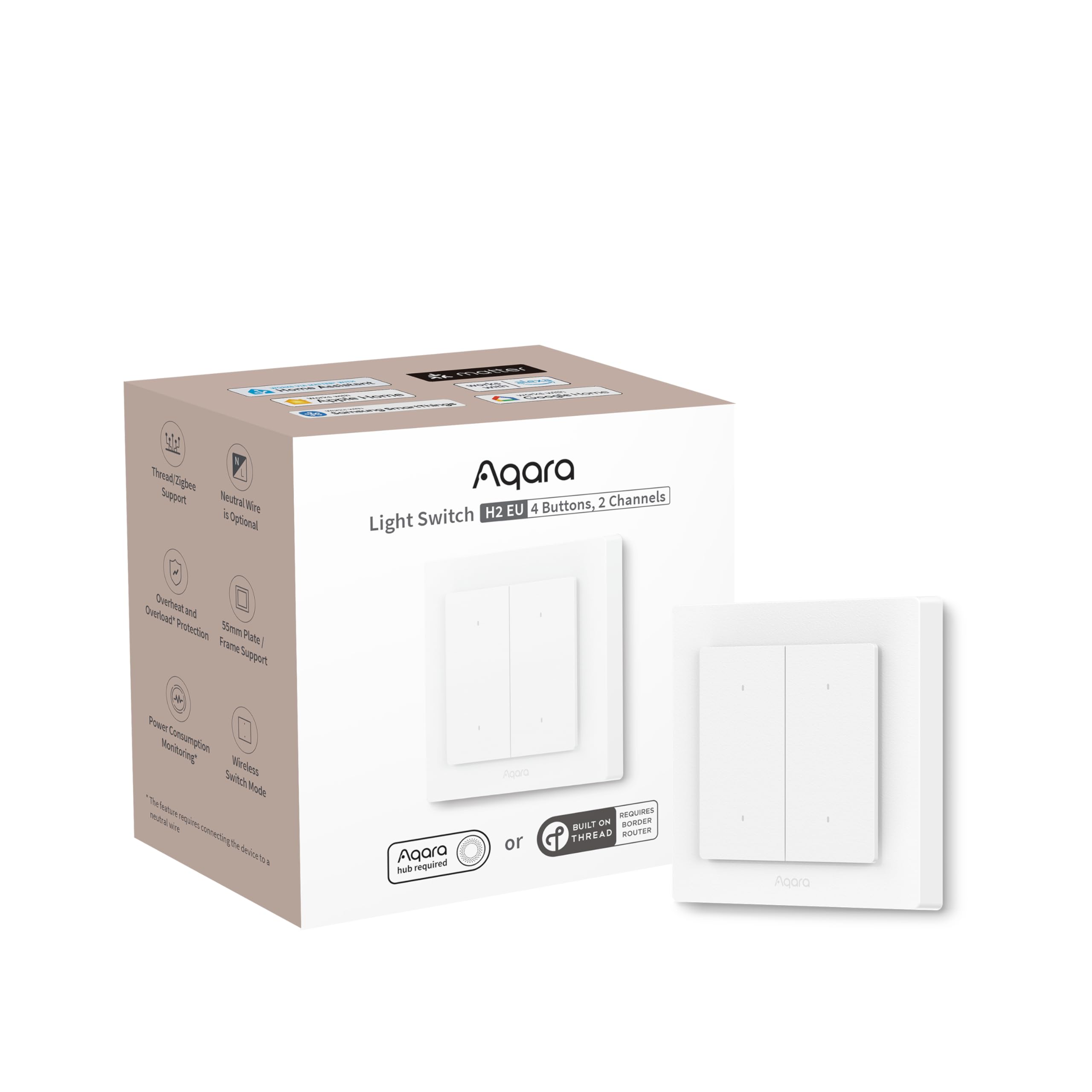 Aqara Smart Light Switch H2 EU (2-in-1 Neutral, 4 Gang 2 Channel), Thread/Zigbee Protocol, Wall Switch for Smart Home, Supports Apple Home, Alexa, Google and Home Assistant, Matter over Thread