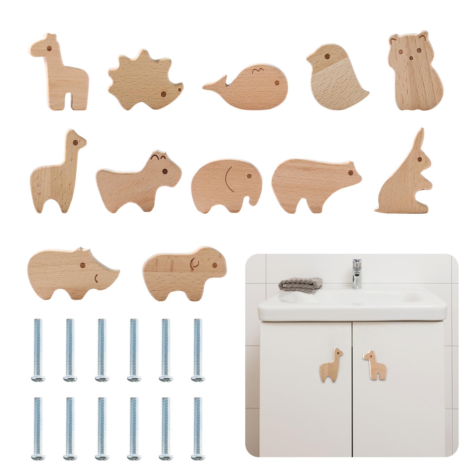 Wooden Animal Cabinet Knobs, Decorative Wood Dresser Knobs, Cute Cartoon Animal Drawer Knobs with M4 x 30mm Screws for Cabinets Closet Drawer Furniture (12 pcs)