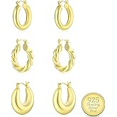 WGOUD 3Pairs 14K Gold Plated Chunky Hoop Earrings Set for Women, Trendy Hoop Earring 925 Sterling Silver Post - Hypoallergenic Thick Lightweight Twisted Hoops Dainty Gold Earrings for Women Jewelry Gifts