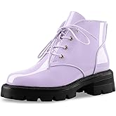 Perisis Women's Lug Sole Short Combat Boots Black Chunky Heel Platform Ankle Booties Comfy Flat Boot Lace Up Oxford Shoes with Side Zipper for Ladies Cute