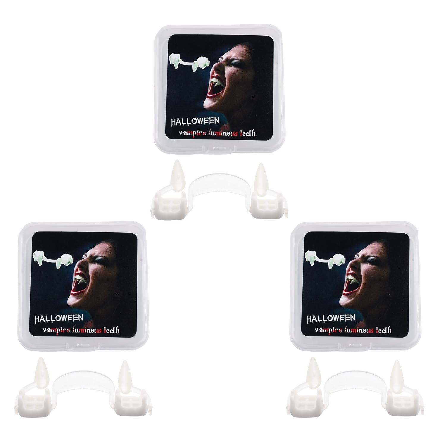 Lezevn 3 Pieces Glowing Retractable Vampire Teeth with Boxes Halloween Vampire Fangs Glow in The Dark Masquerade Vampire Teeth