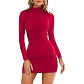 OWIN Women's Sexy Casual Mock Neck Dresses Long Sleeve Ruched Bodycon Cocktail Party Mini Dress