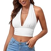 Rooscier Women's Deep V Neck Halter Tie Back Sleeveless Backless Cami Crop Top