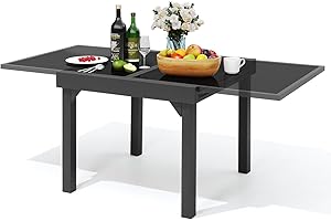 PATIOHIT Modern Aluminum Outdoor Dining Table - Expandable Patio Glass Dining Table for 6-8, Extendable Aluminum Patio Extender Table 35" to 70" for Backyard, Porch, Deck, Garden - Dark Grey
