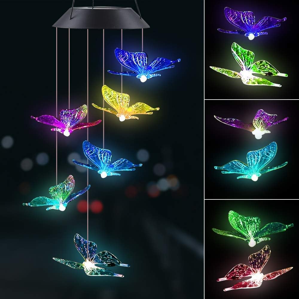 ecoeco LED Solar Butterfly Wind Chime, Wind Chimes Outdoor Changing Color Waterproof Six Hanging Lights Wind Chimes Solar Mobile for Home Party Night Garden Decoration : Garden & Outdoor