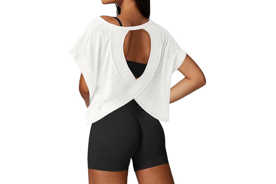 UNIANKIYA Open Back Workout Tops for Women Loose Fit Athletic Crop Tee Short Sleeve Gym Running Yoga Shirt