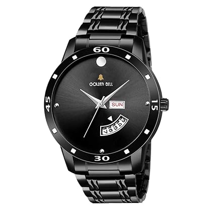 Day and Date Display Analogue Black Dial Steel Chain Mens Watch, 1220GB