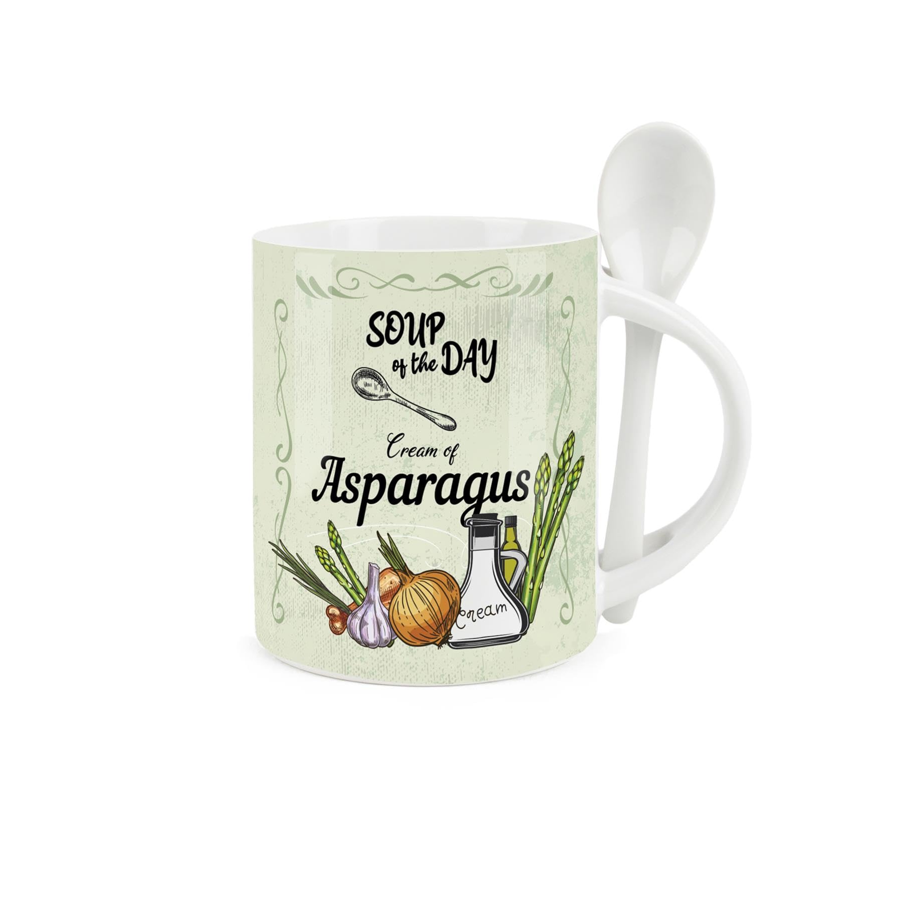 Soup Mug and Spoon Set - Cream of Asparagus Soup of The Day - Ceramic White and Green Soup Mug with Spoon in Handle