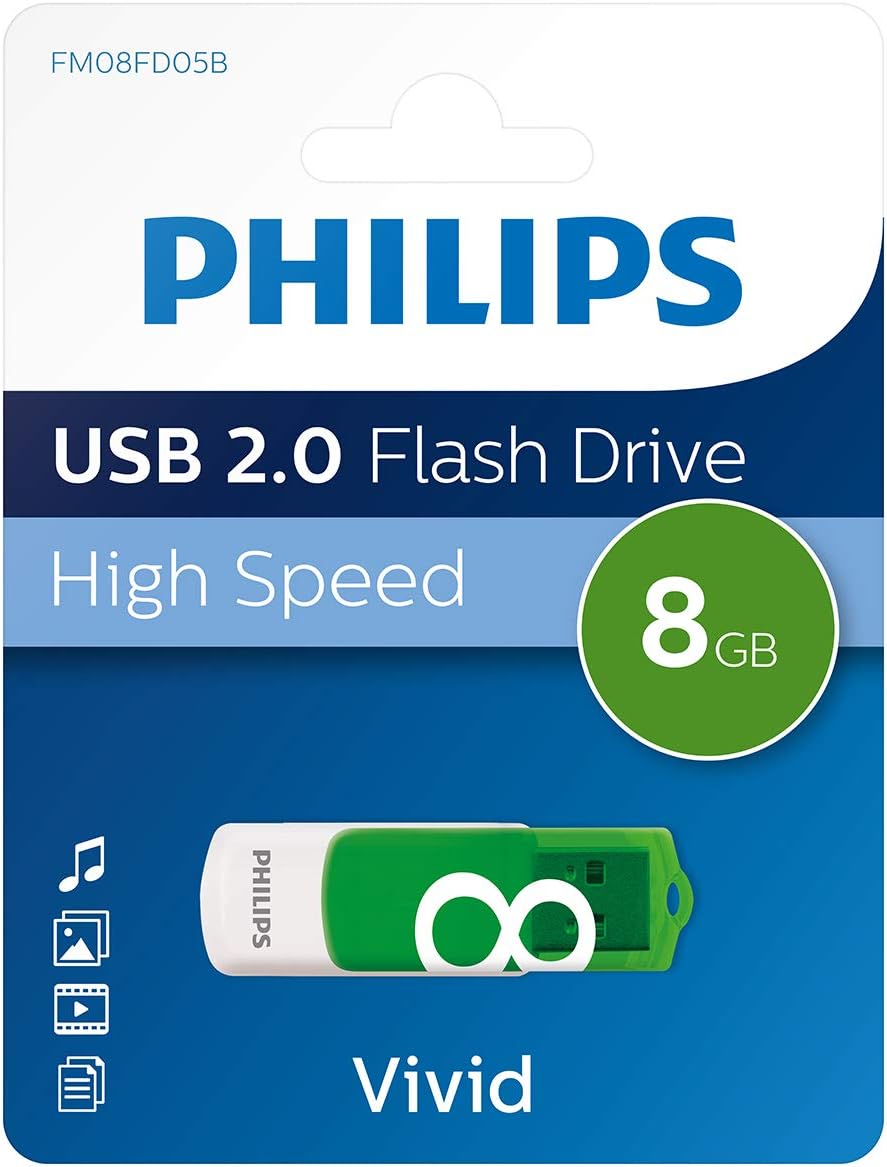 Philips Vivid 8GB USB 2.0 Flash Drive Green Swivel Connector