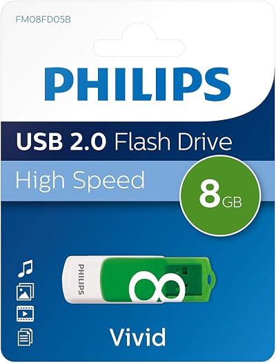 Philips Vivid 8GB USB 2.0 Flash Drive Green Swivel Connector