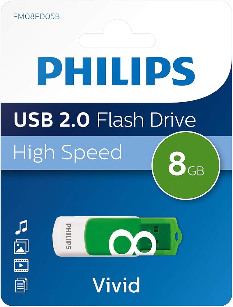 Philips Vivid 8GB USB 2.0 Flash Drive Green Swivel Connector