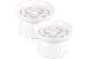 Layhit 2 Pack Raised Slow Feeder Cat Bowls Ceramic Elevated Cat Food Bowls Anti Vomiting Slow Feeder for Dog and Kitten for Dry and Wet Food(White)