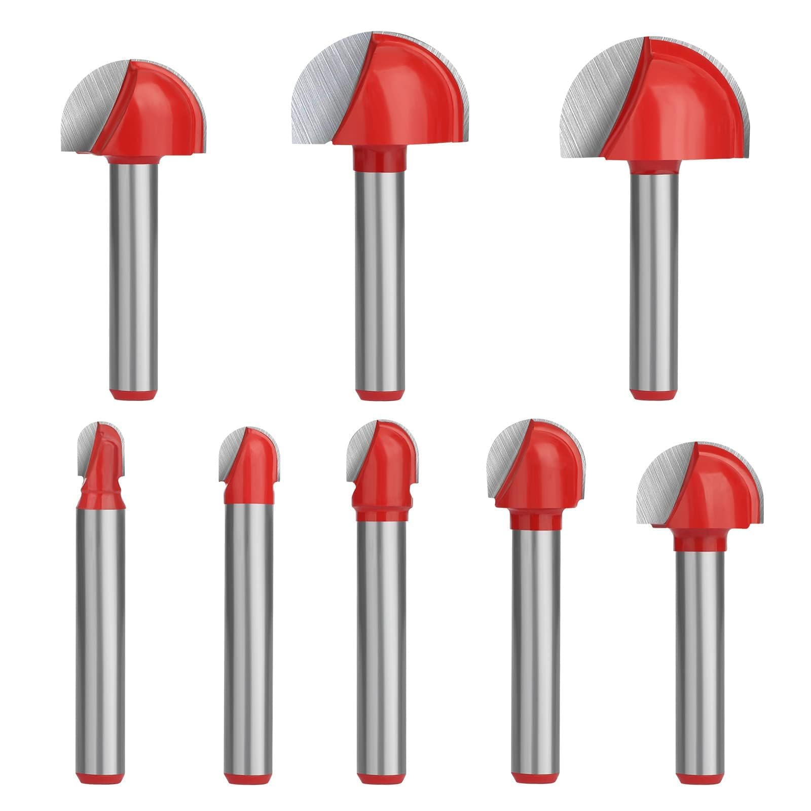 8pcs 1/4" Shank Cove Core Box Router Bit Set, Round Nose Tipped Router Bits Carbide Round Groove Router Bit Cutter Tool for Woodworking Grooving