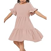 Geckatte Girls Dresses Summer Casual Floral Print Ruffle Short Sleeve Tiered Pleated Kids A-Line T-Shirt Dress Size 5-14
