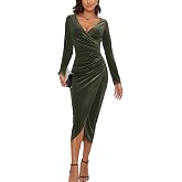 CYiNu Women's V Neck Wrap Velvet Long Sleeve Maxi Dress | Elegant Bodycon Ruched Cocktail Party Dress